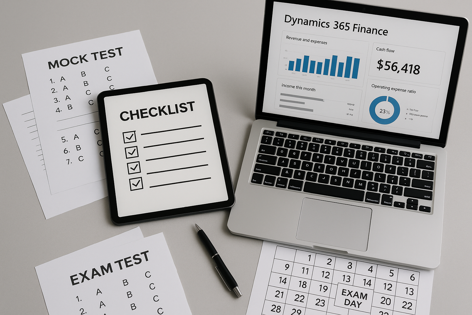 Digital checklist for MB-310 Dynamics 365 Finance exam with calendar, notes, and practice tools
