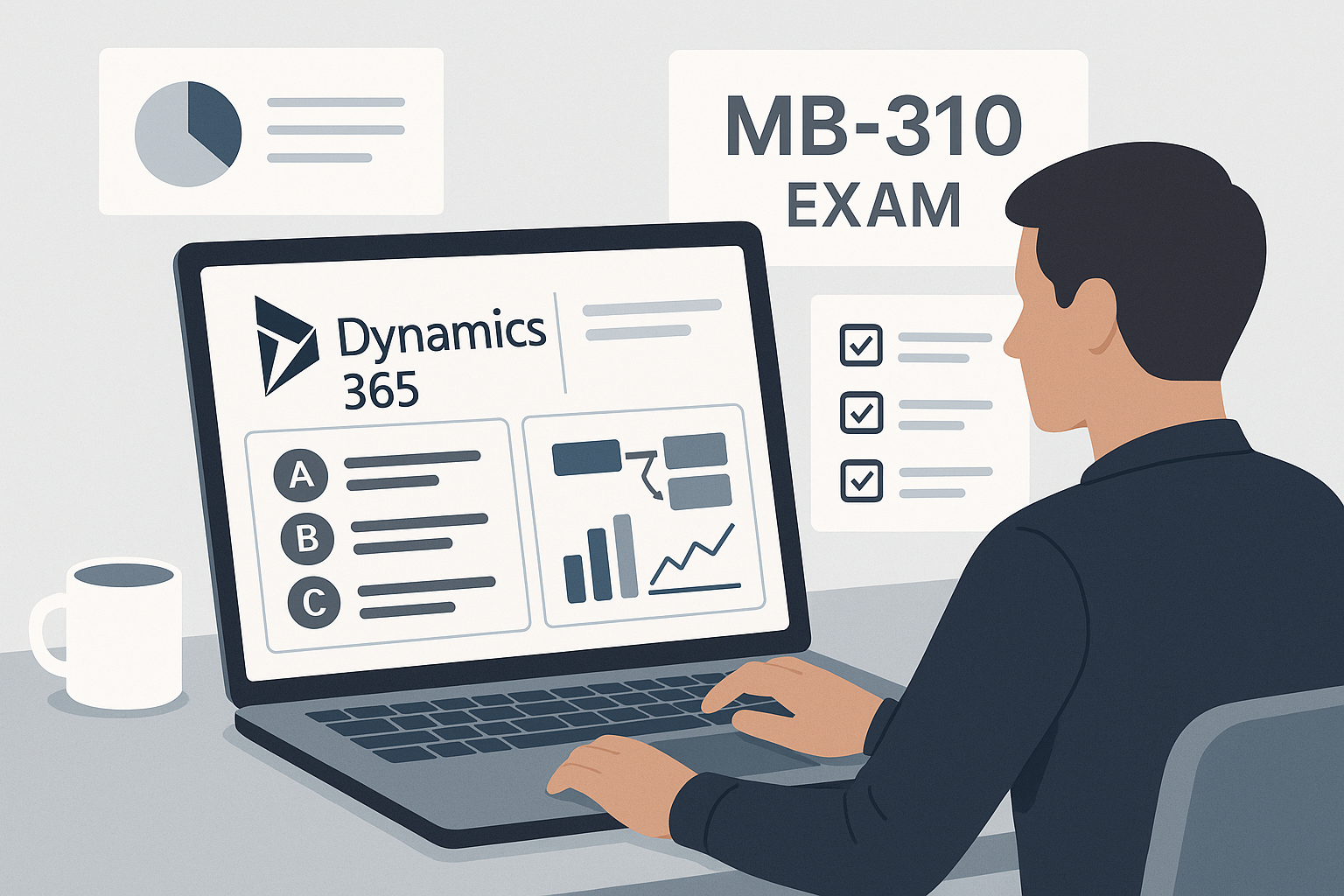 Candidate reviewing MB-310 exam format and topics on a Dynamics 365 screen with exam checklist