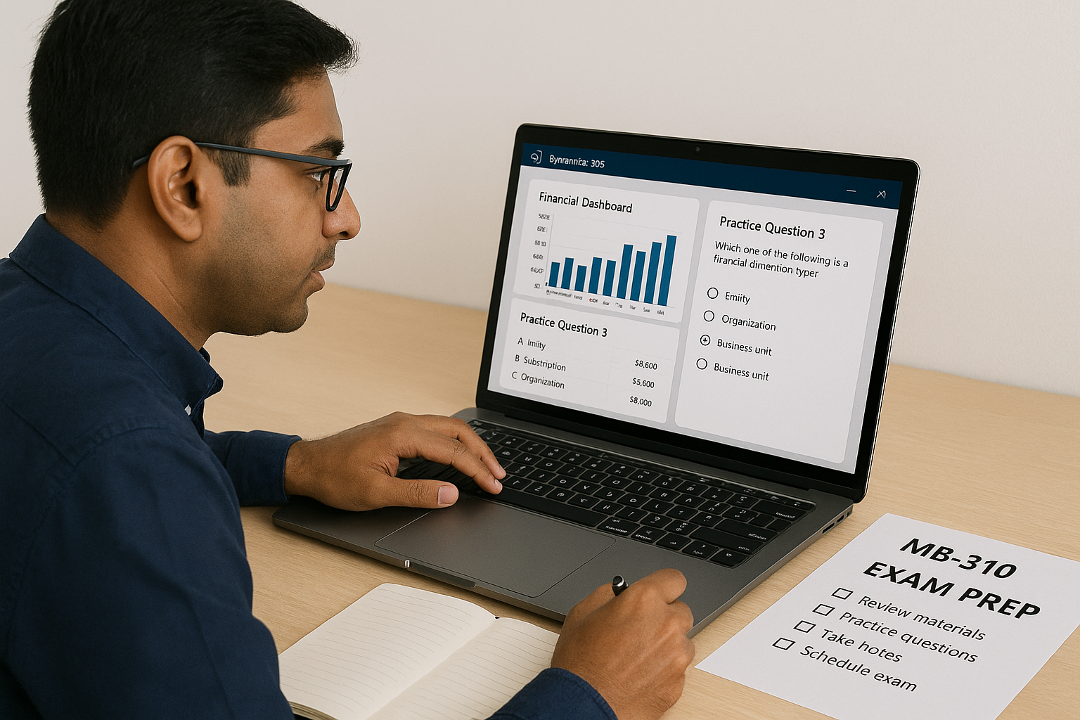 Professional studying MB-310 Dynamics 365 Finance exam with charts and notes on screen